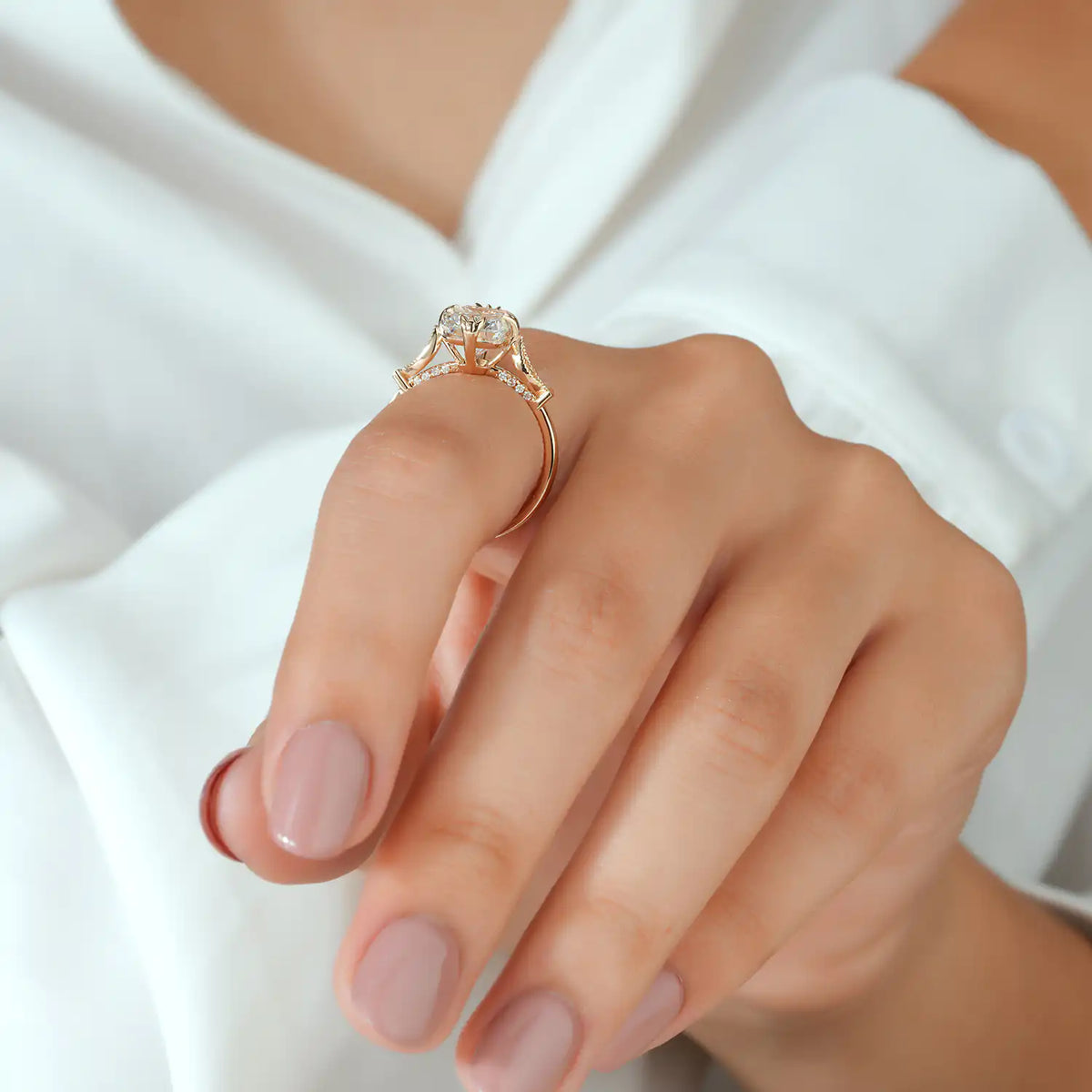 Radiant Cut Lab Grown Diamond Floral Engagement Ring with Petal Prongs and Milgrain Accents