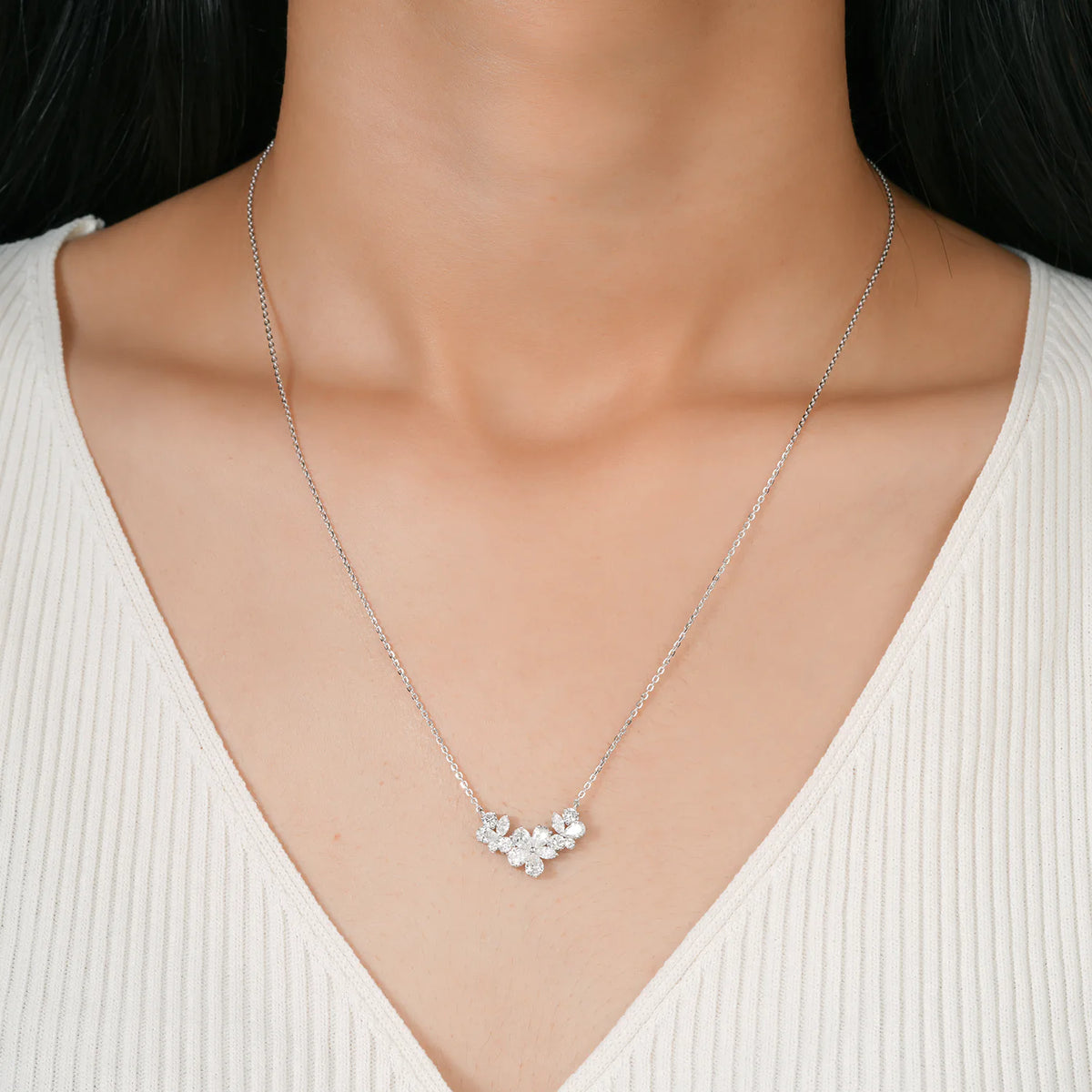 Marquise and Round Lab Grown Diamond Triple Floral Cluster Necklace