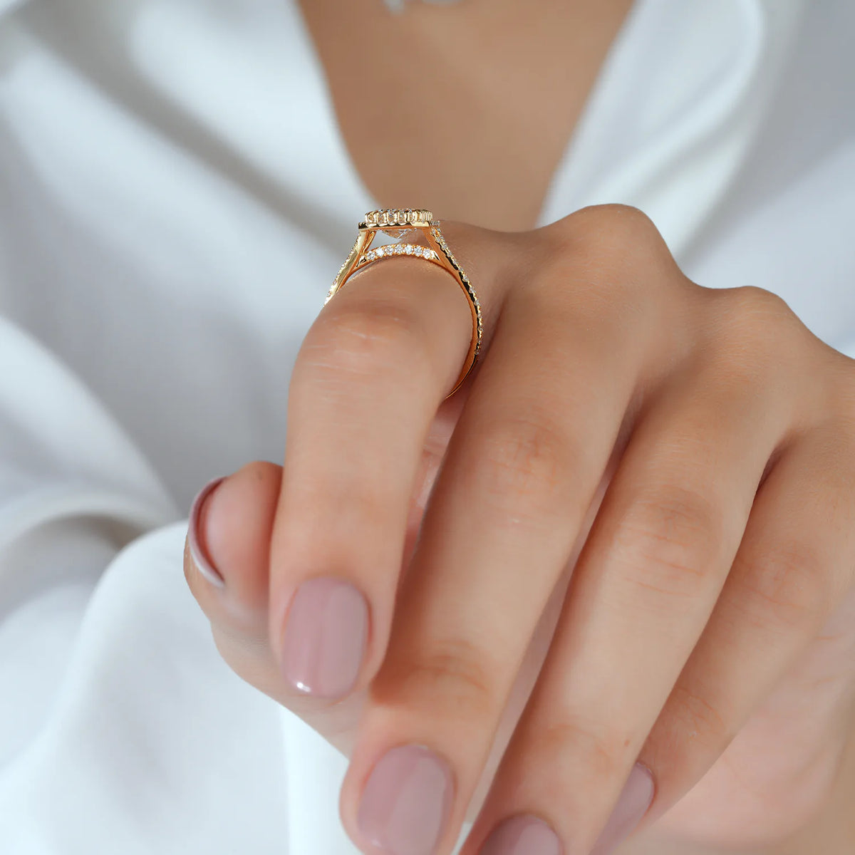 Emerald Cut Halo Split Shank Ring