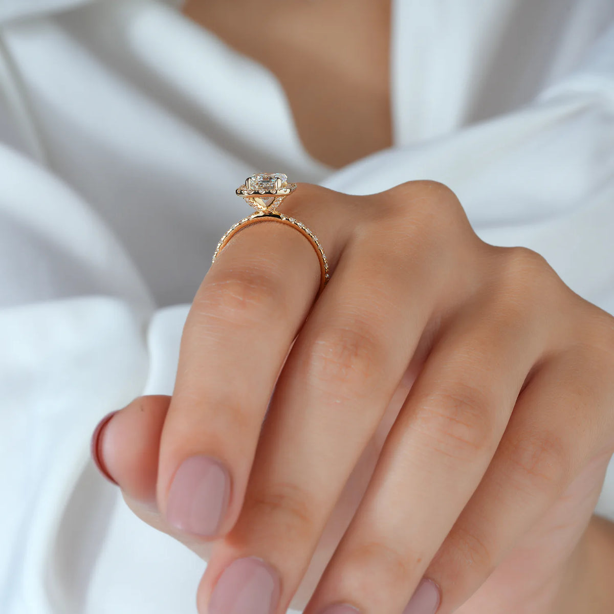 Emerald Cut Halo Ring with Hidden Accent