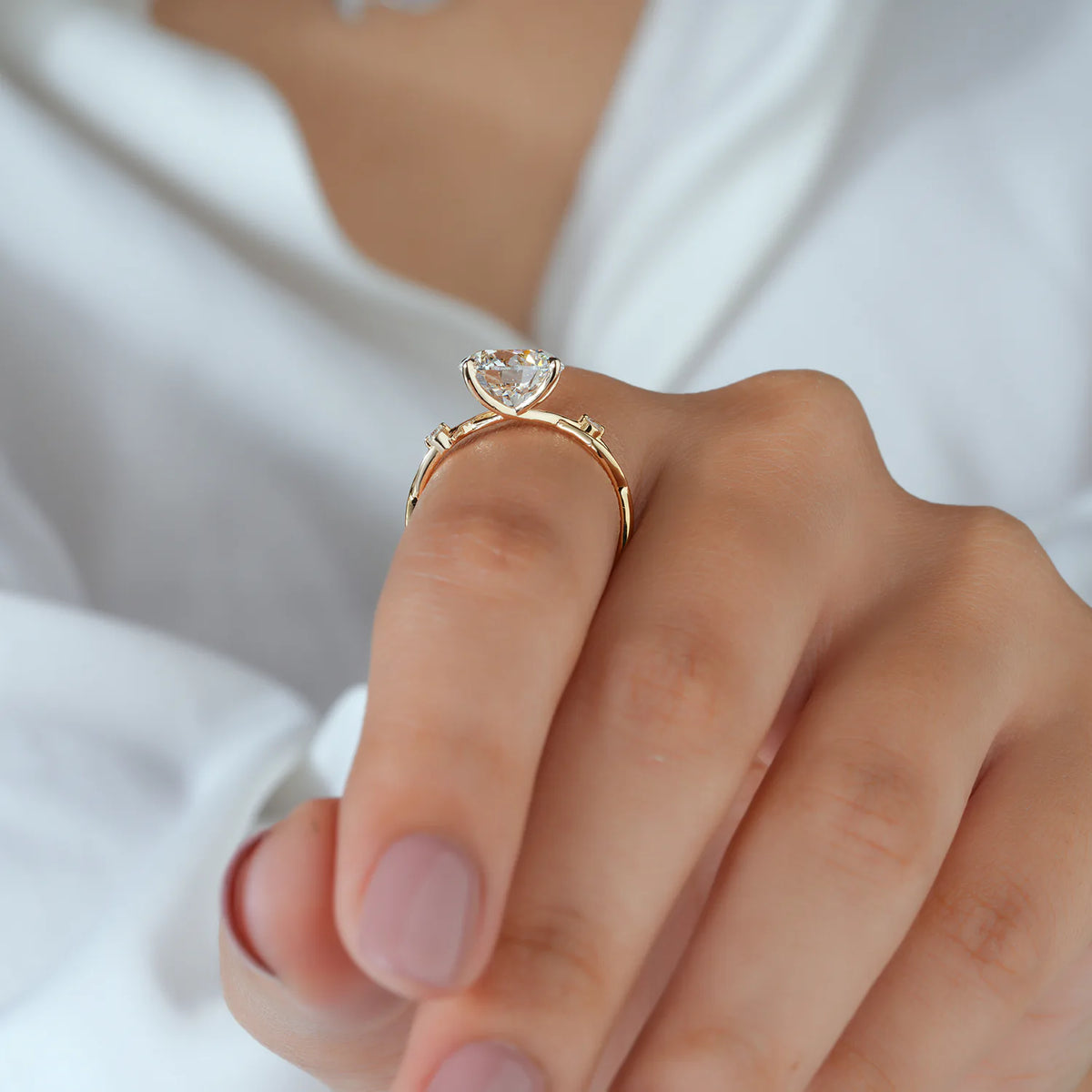 Round Lab Grown Diamond Four Prong Twig Vine Engagement Ring with Thorn Detail and Accent Diamonds in Gold or Platinum