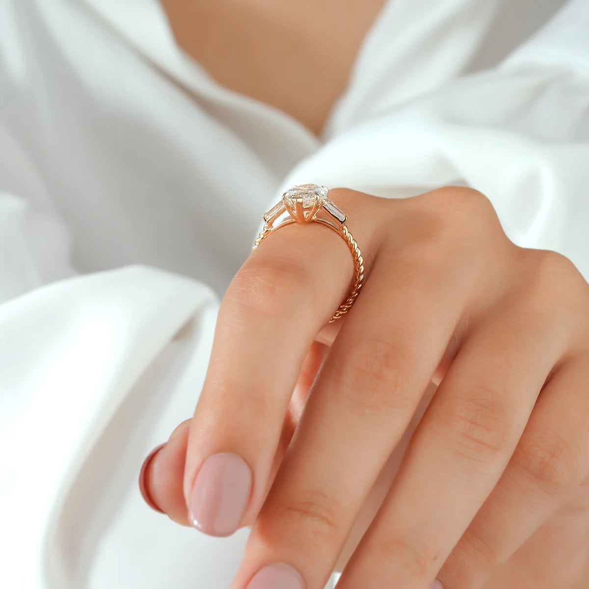 Marquise Lab Grown Diamond Ring, Baguette Sides, Twisted Rope Ring