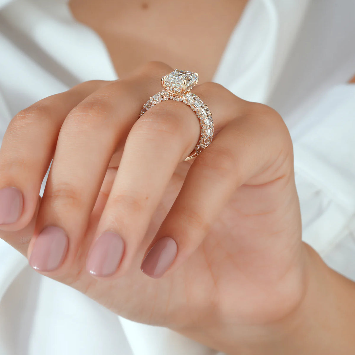 Emerald Cut Bridal Set with Hidden Halo and Two Row Band