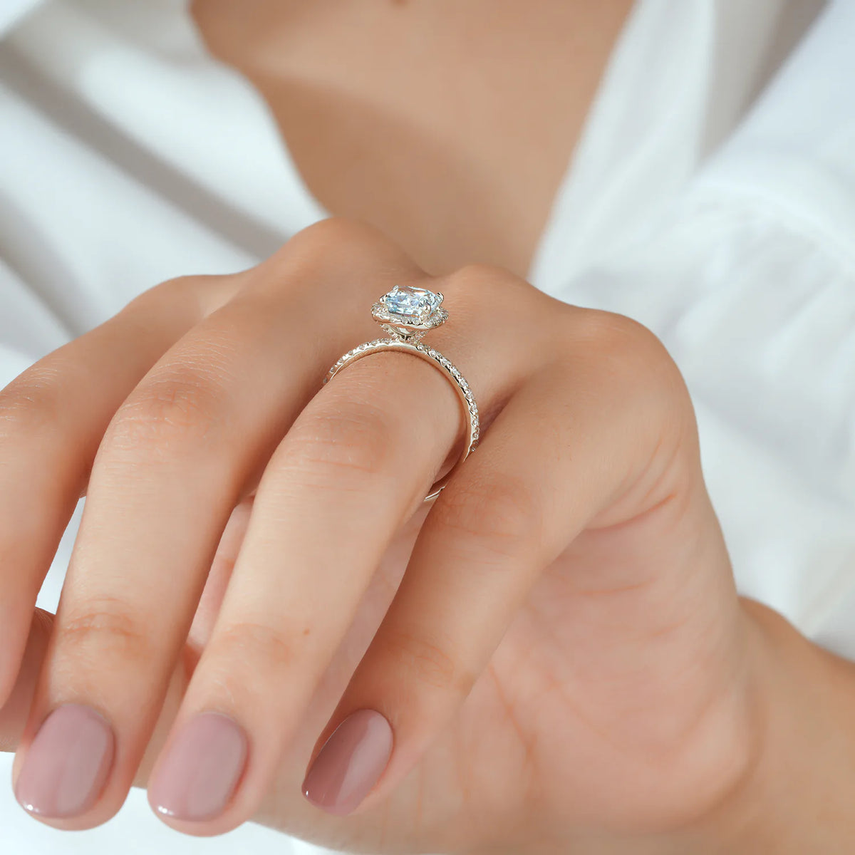 Cushion Cut Lab Grown Diamond Halo Bridal Set with Pave Engagement Ring and Matching Wedding Band in Gold or Platinum