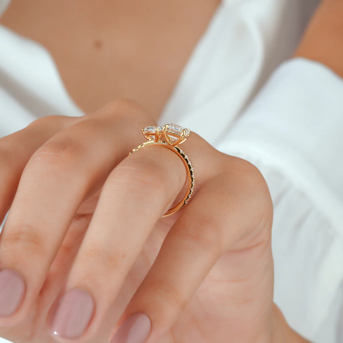 Emerald and Pear Diamond Toi et Moi Ring with Pave Ring