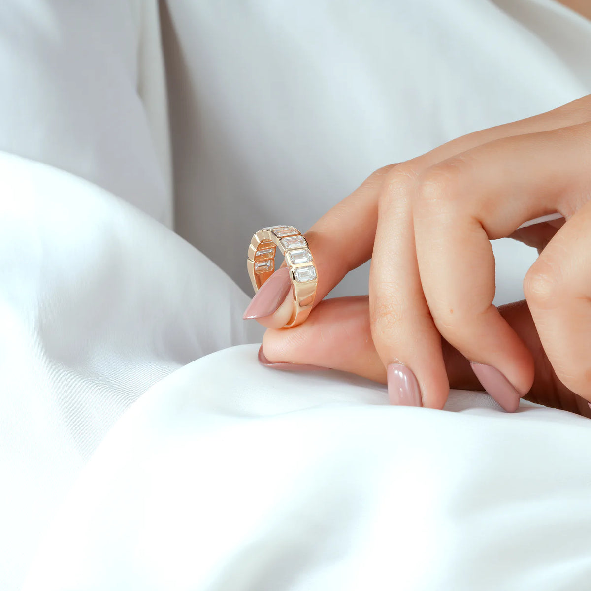 Bezel Set Emerald Cut Lab Grown Diamond Half Eternity Band in Gold or Platinum