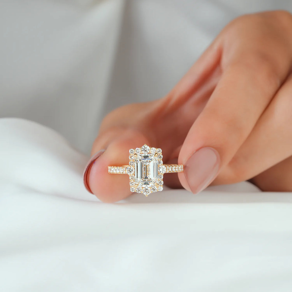 Emerald Cut Halo Split Shank Ring