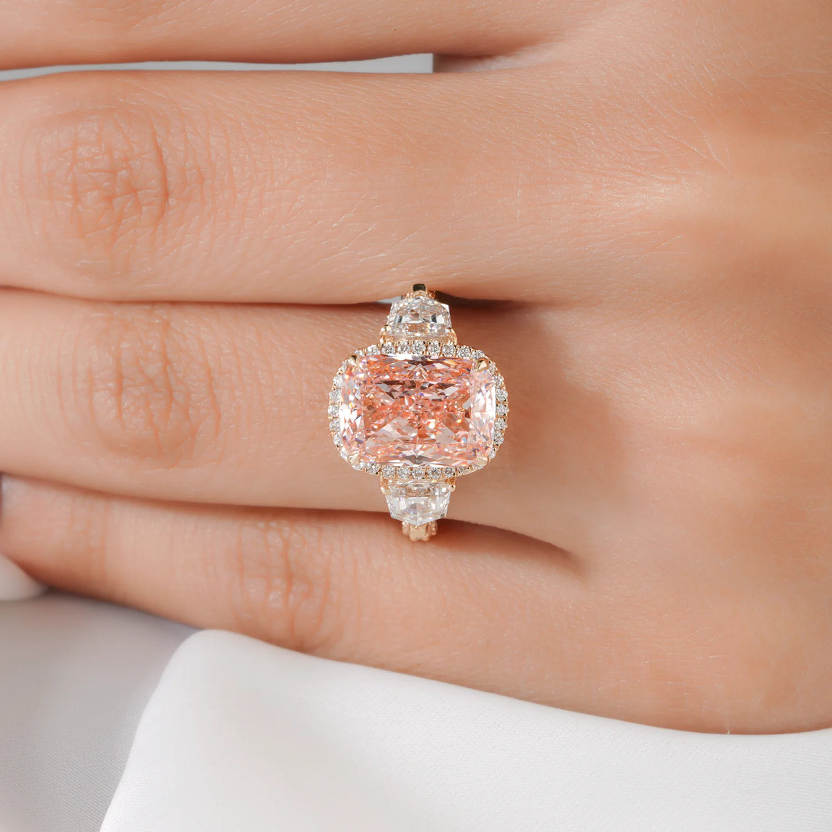 Elongated Cushion Cut Lab Grown Diamond Halo Three Stone Engagement Ring with Trapezoid Side Diamonds and Pave Band in Gold or Platinum