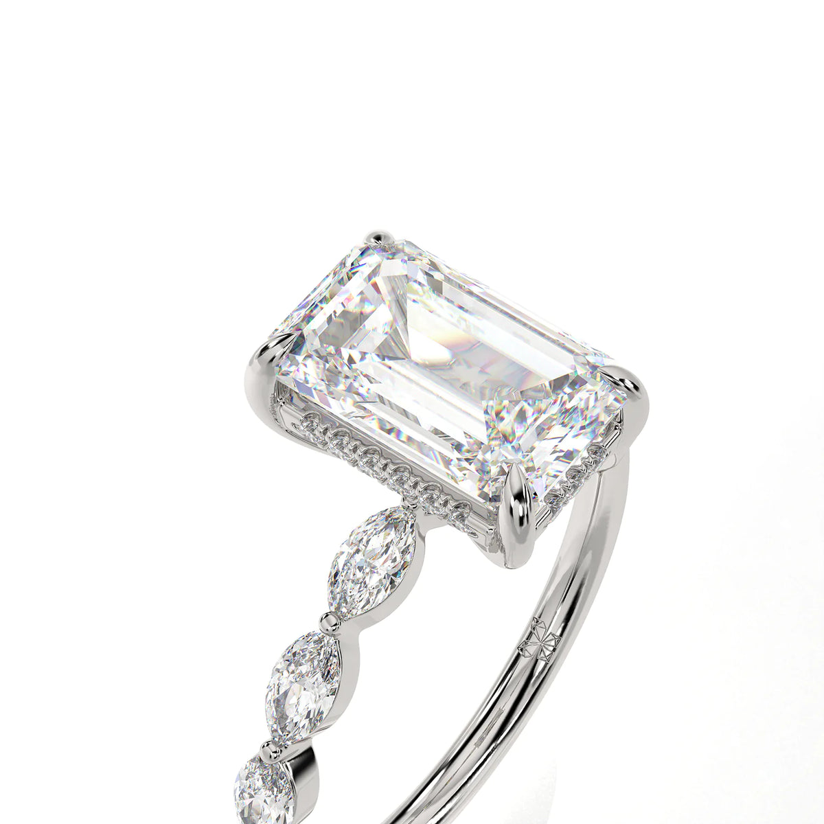 Emerald Cut Ring with Marquise Accent Clusters