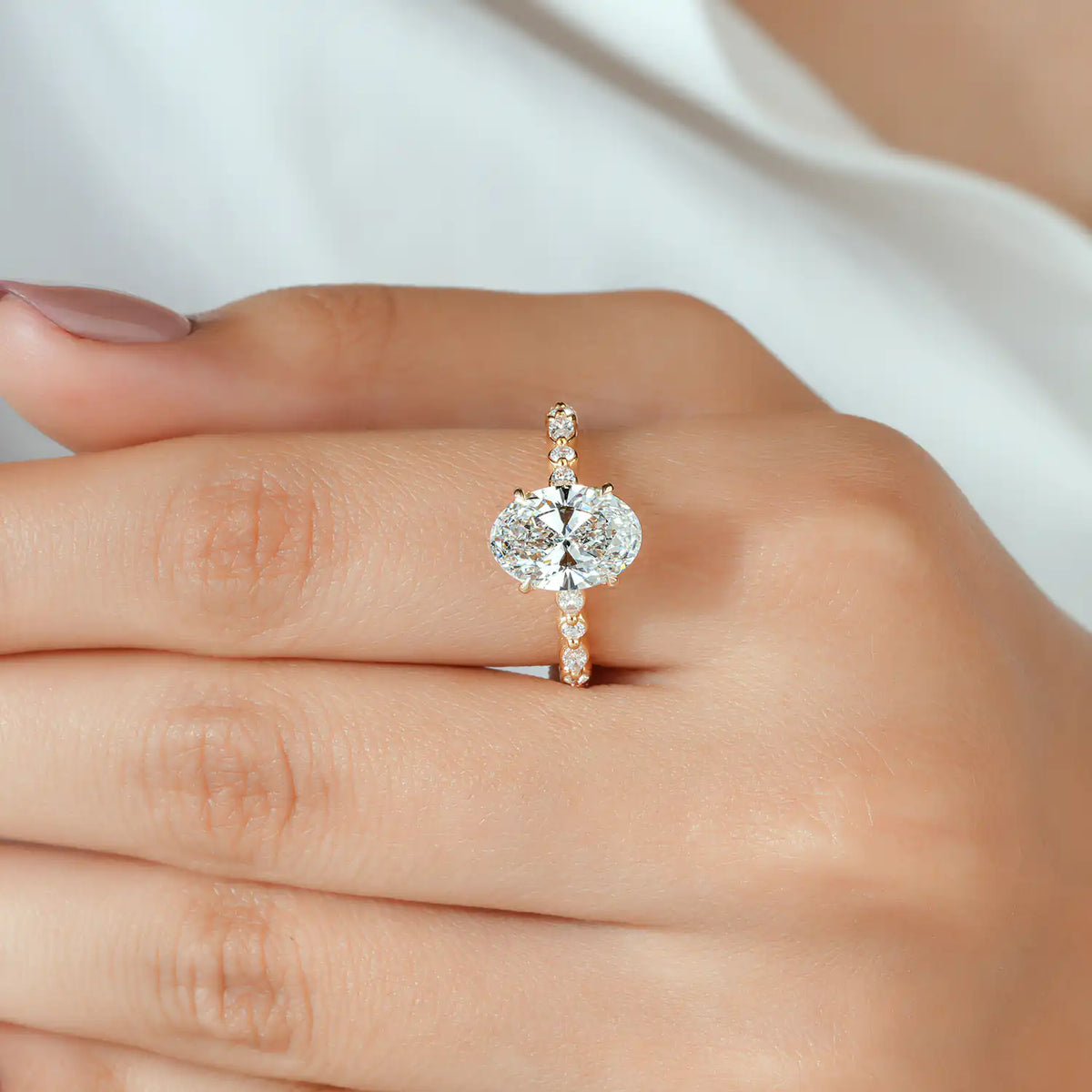 Oval Lab Grown Diamond Engagement Ring, Marquise Round Diamond Band