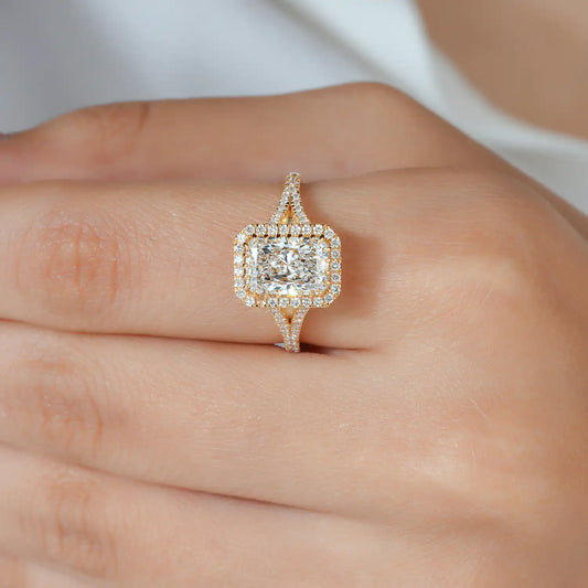 Radiant Cut Lab Grown Diamond Halo Engagement Ring with Pave Split Shank