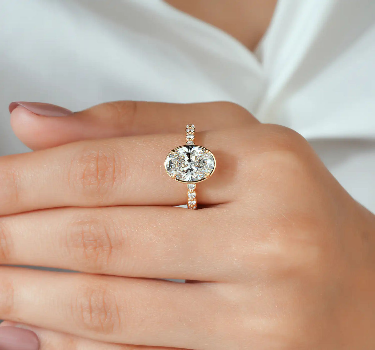 Oval Lab Grown Diamond Engagement Ring, Bezel Prong Diamond Band