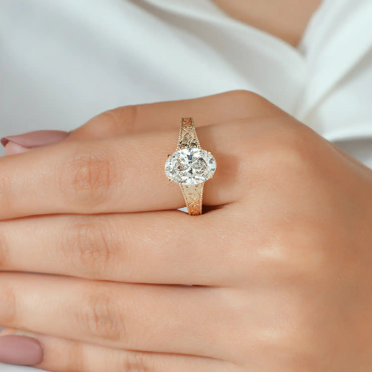 Vintage Scroll Engraved Oval Lab Grown Diamond Engagement Ring