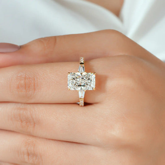 Radiant Cut Lab Grown Diamond Three Stone Engagement Ring with Tapered Baguette and Pave Band