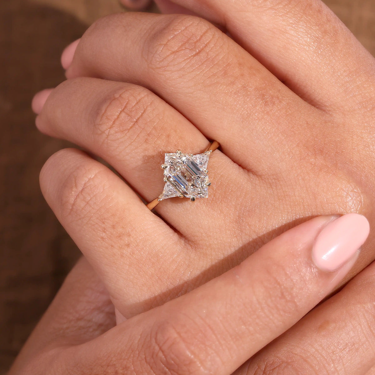 Elongated Hexagon Diamond Ring with Trillion Sides, Polished Ring