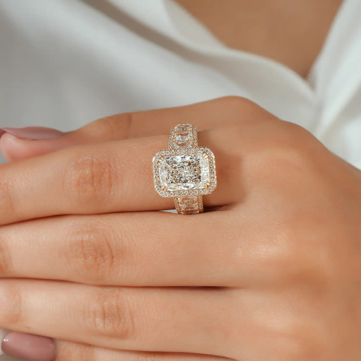 Radiant Cut Lab Grown Diamond Halo Engagement Ring with Wide Diamond Band