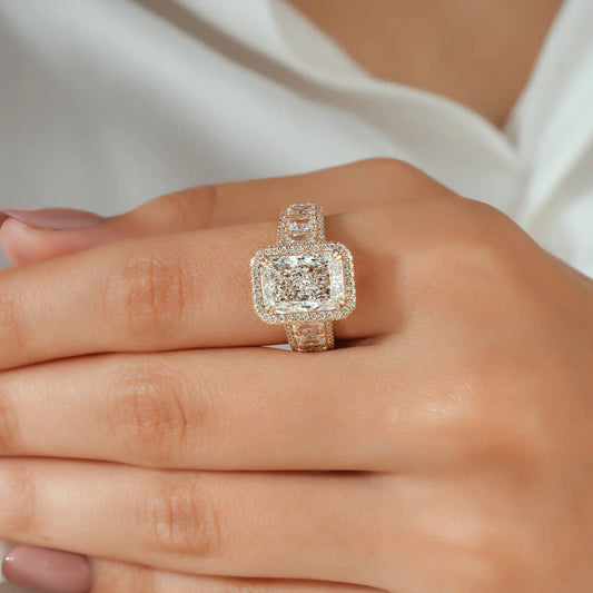 Radiant Cut Lab Grown Diamond Halo Engagement Ring with Wide Diamond Band