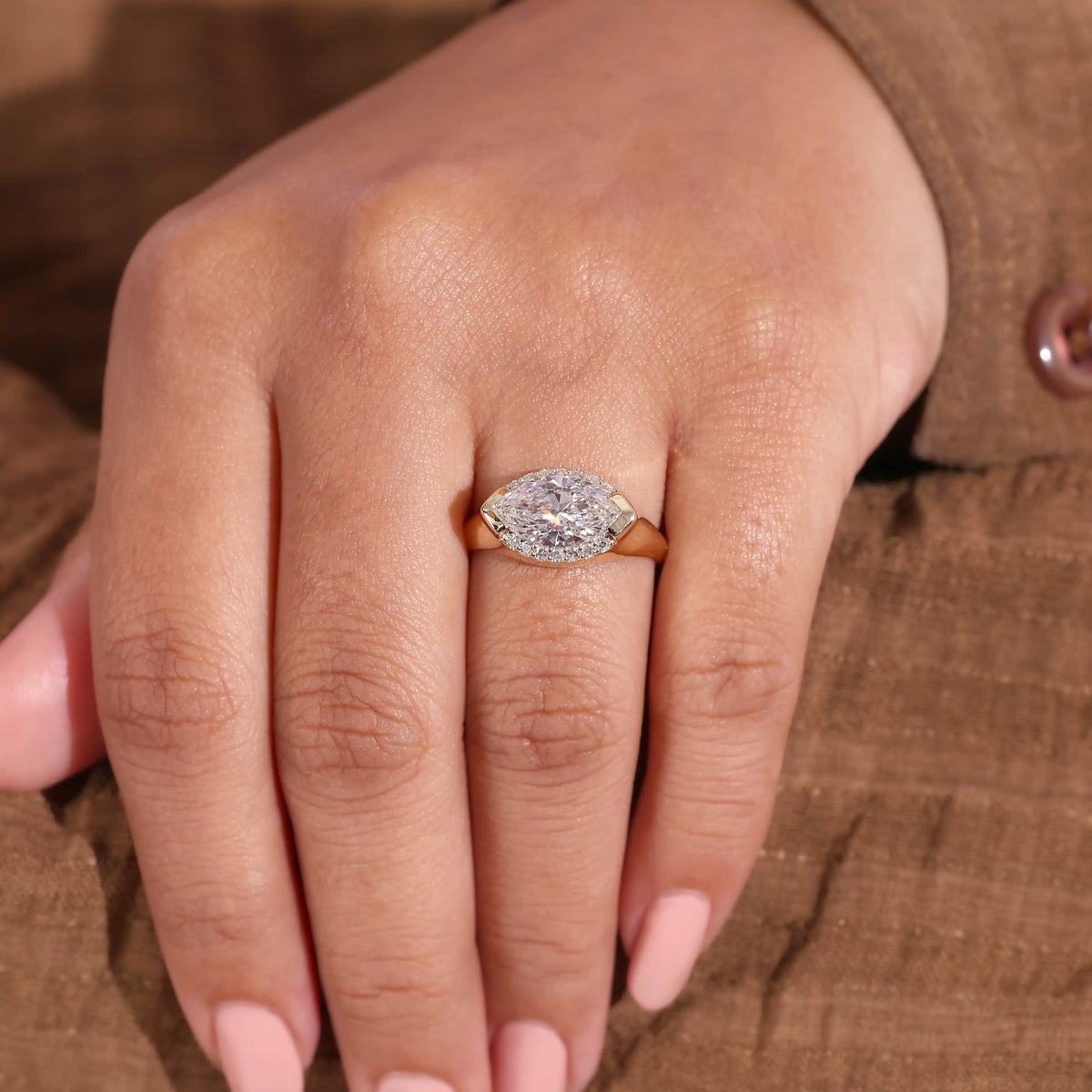 East-West Marquise Diamond Halo Ring, Bold Shank