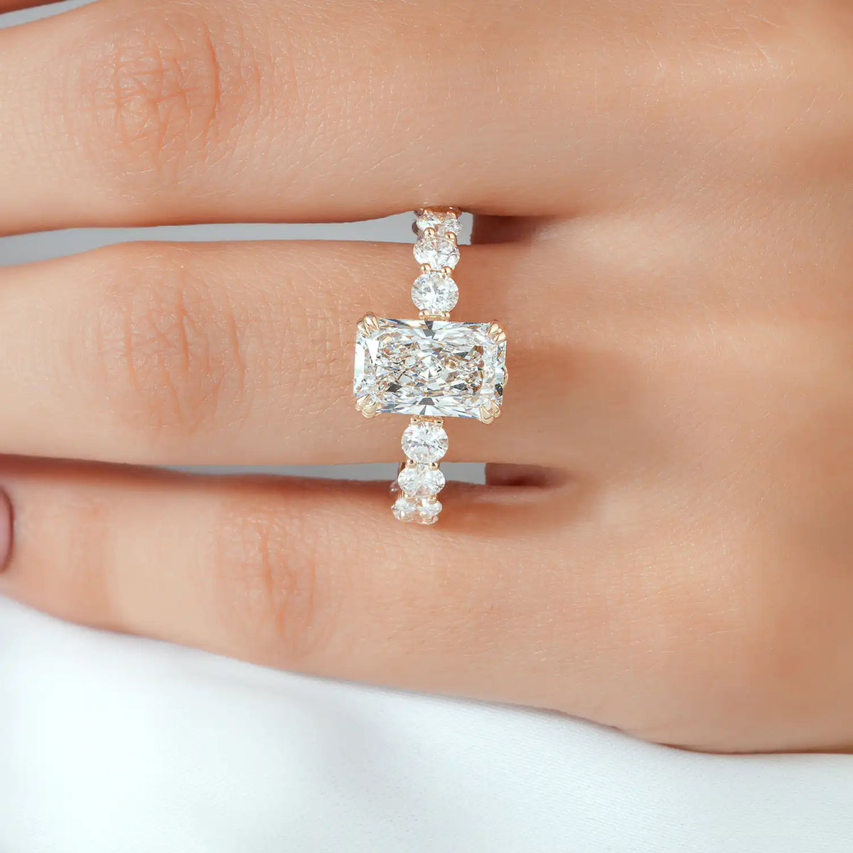 Radiant Cut Lab Grown Diamond Engagement Ring with Hidden Rose and Round Diamond Band