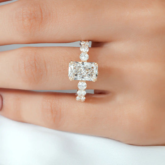 Radiant Cut Lab Grown Diamond Engagement Ring with Hidden Rose and Round Diamond Band