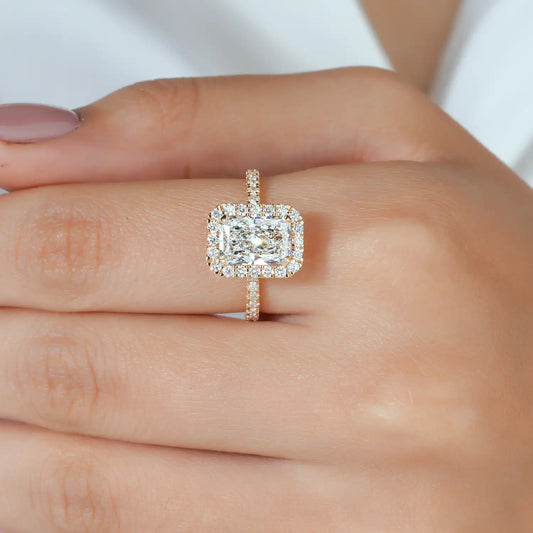 Radiant Lab Grown Diamond Halo Engagement Ring, Pave Diamond Ring