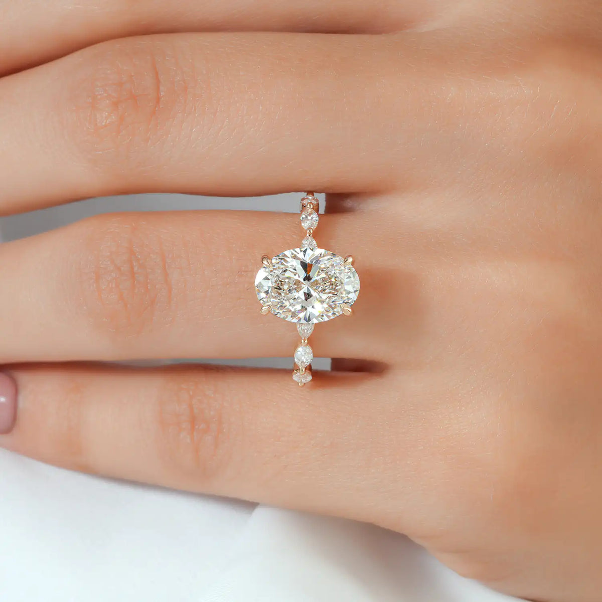 Marquise Side Stone Oval Lab Grown Diamond Engagement Ring with Hidden Halo