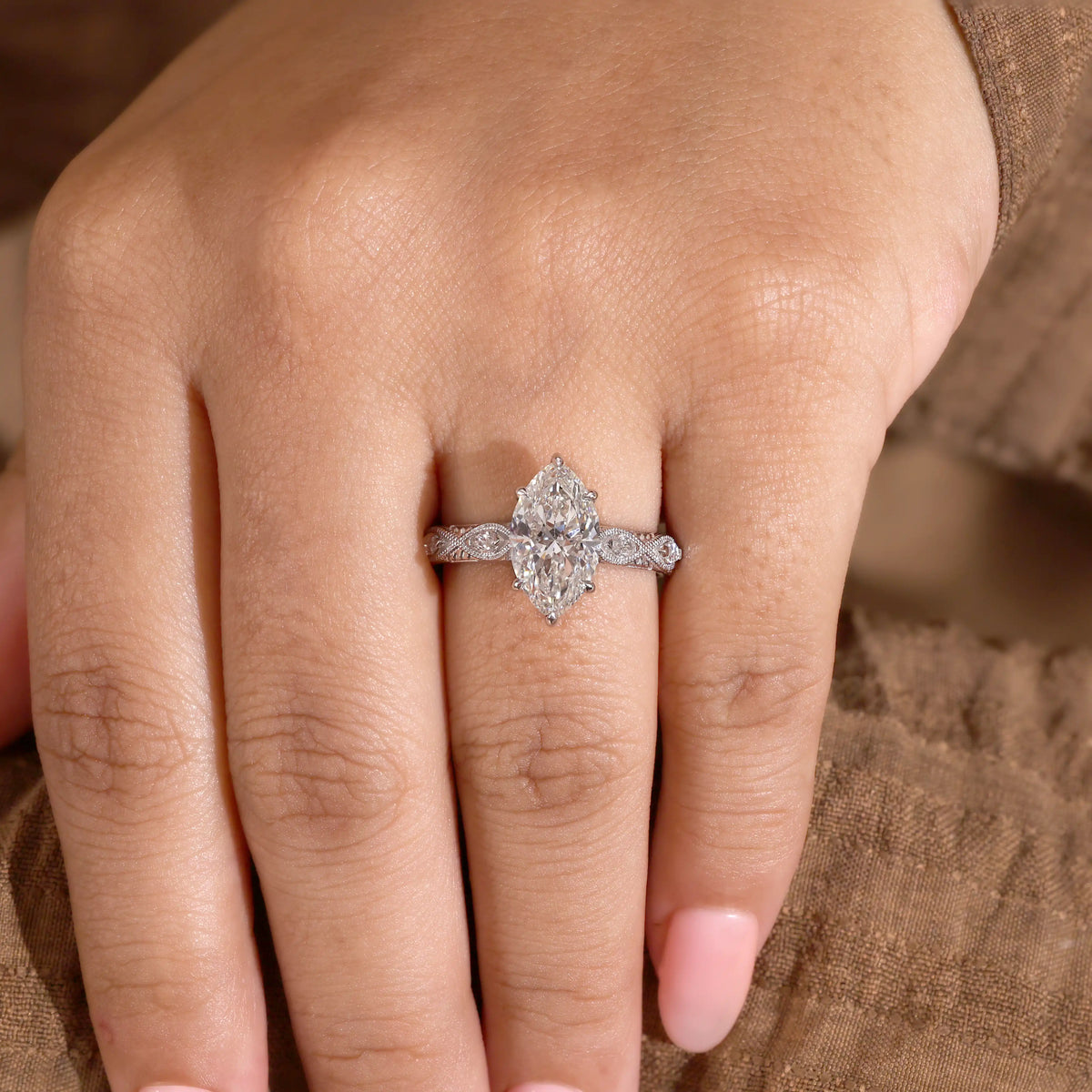 Marquise Lab Grown Diamond Ring, Vintage Milgrain Engraved Diamond Ring