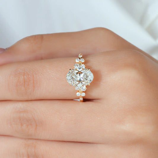 Oval Lab Grown Diamond Engagement Ring, Round Diamond Cluster Band