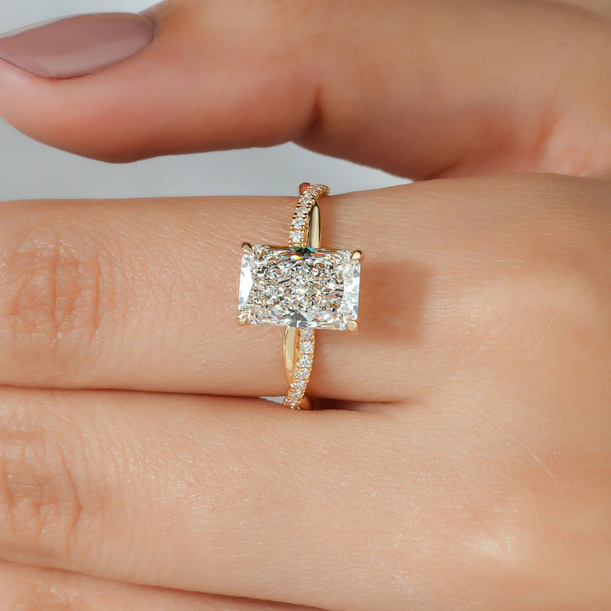 Twisted Pavé Radiant Cut Lab Grown Diamond Hidden Halo Engagement Ring