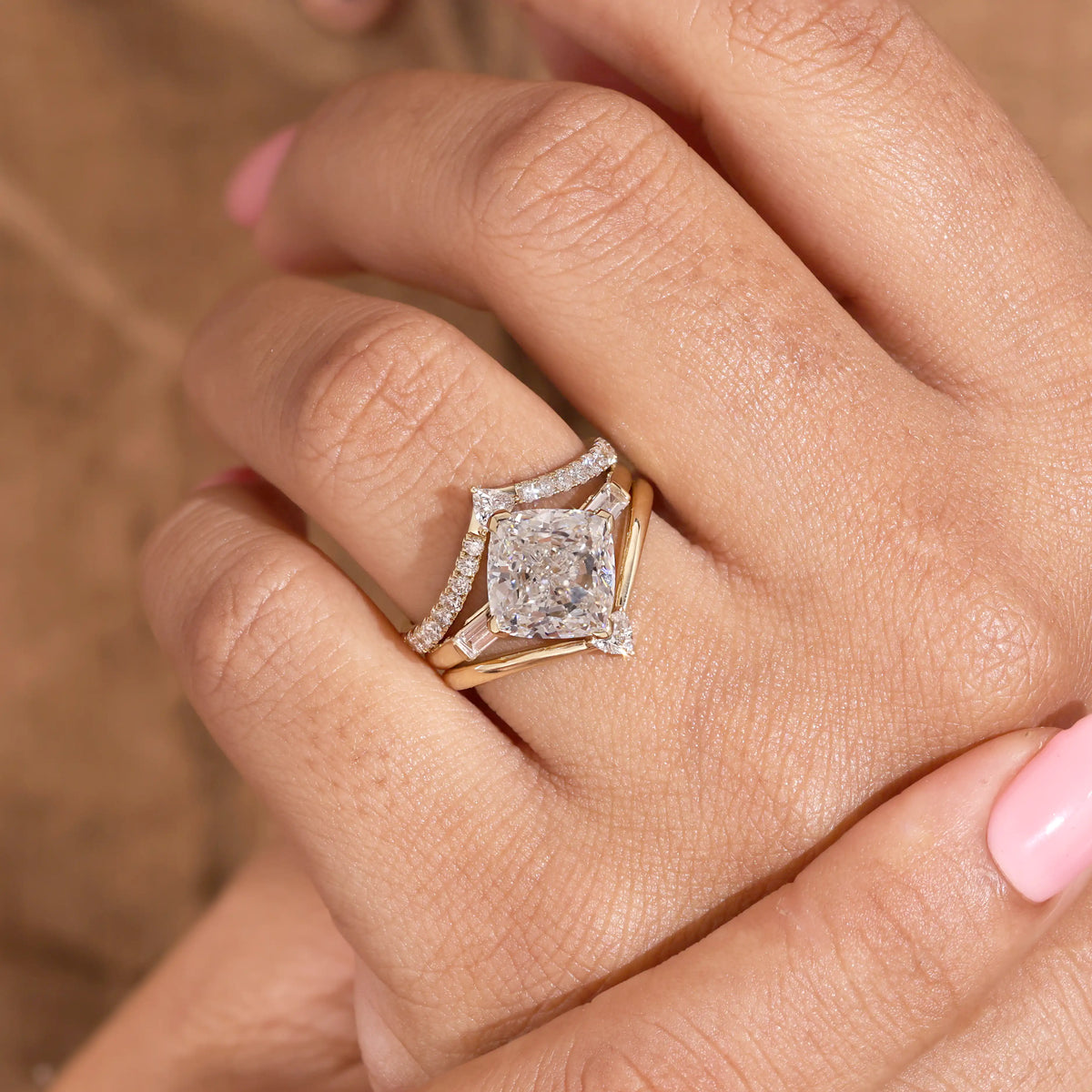 Three Piece Diamond Bridal Set with Kite Set Cushion Diamond