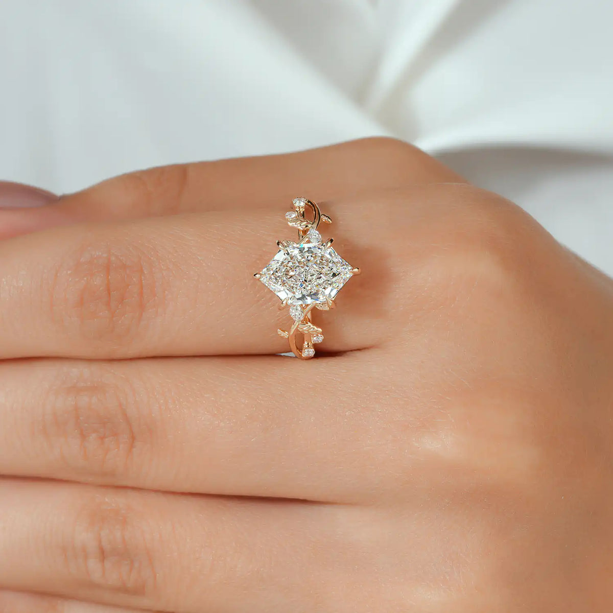 Hexagon Cut Lab Grown Diamond Vine and Leaf Nature Inspired Engagement Ring