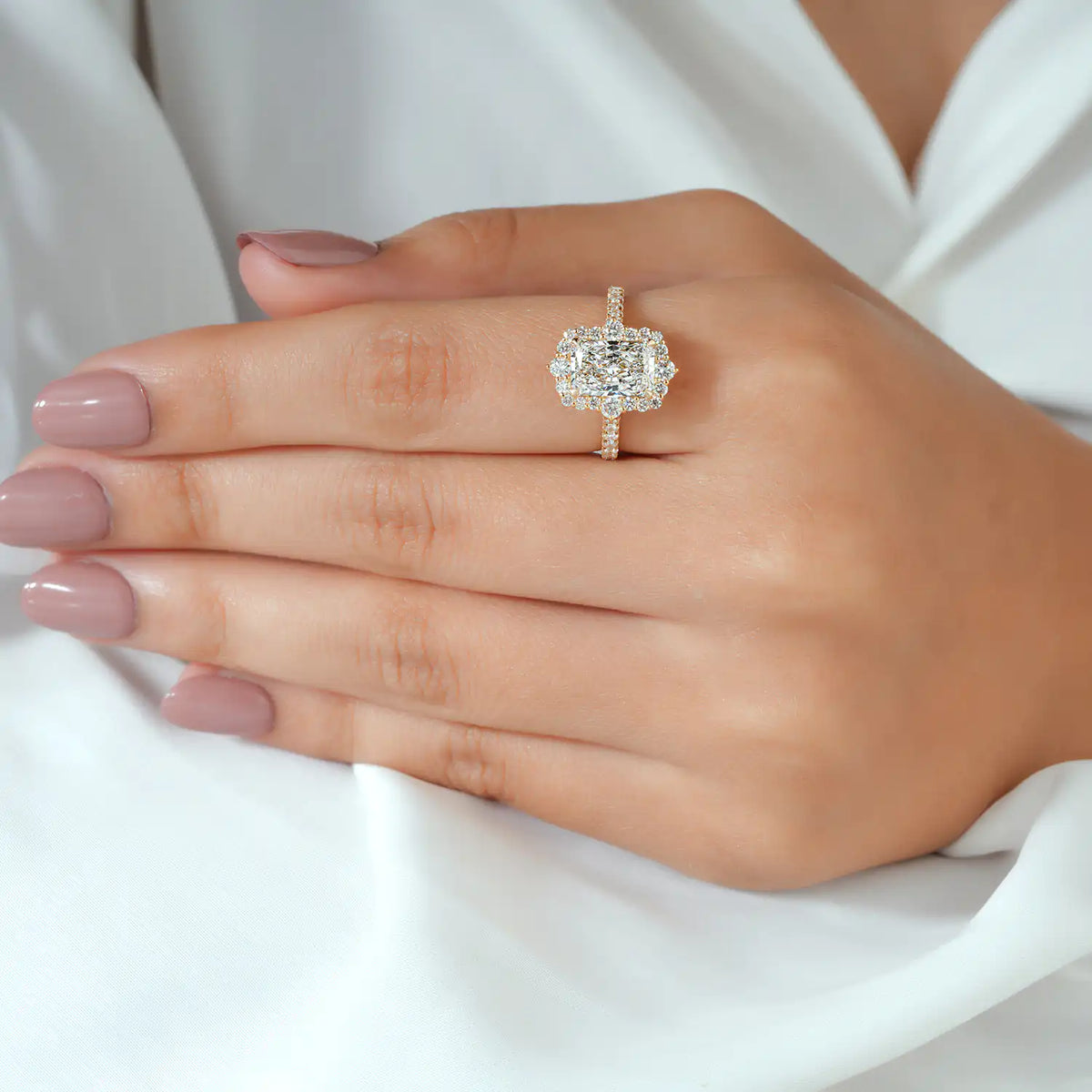Radiant Lab Grown Diamond Vintage Halo Engagement Ring, Pave Ring