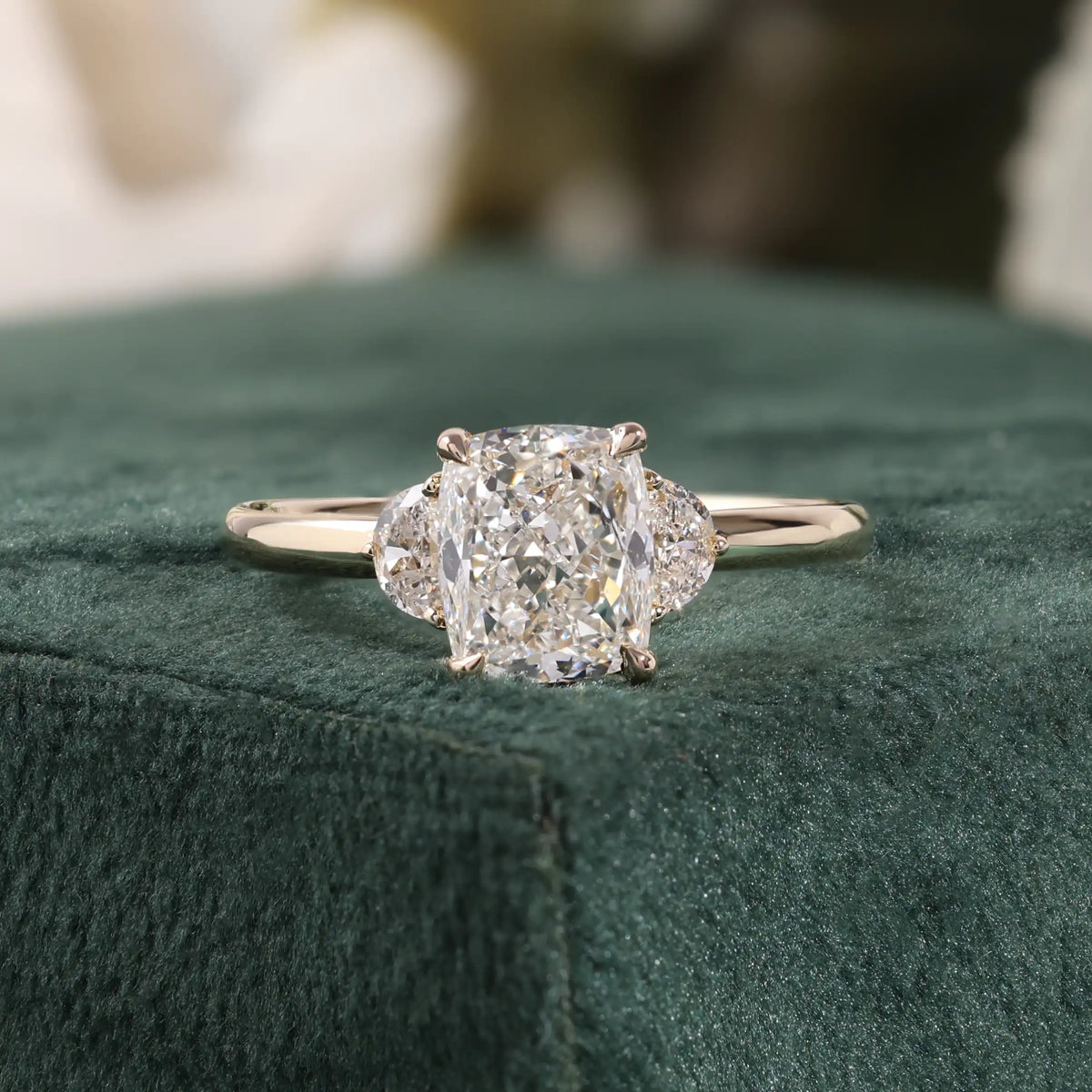 Elongated Cushion Lab Grown Diamond Ring, Half Moon Side Stones, Plain Ring