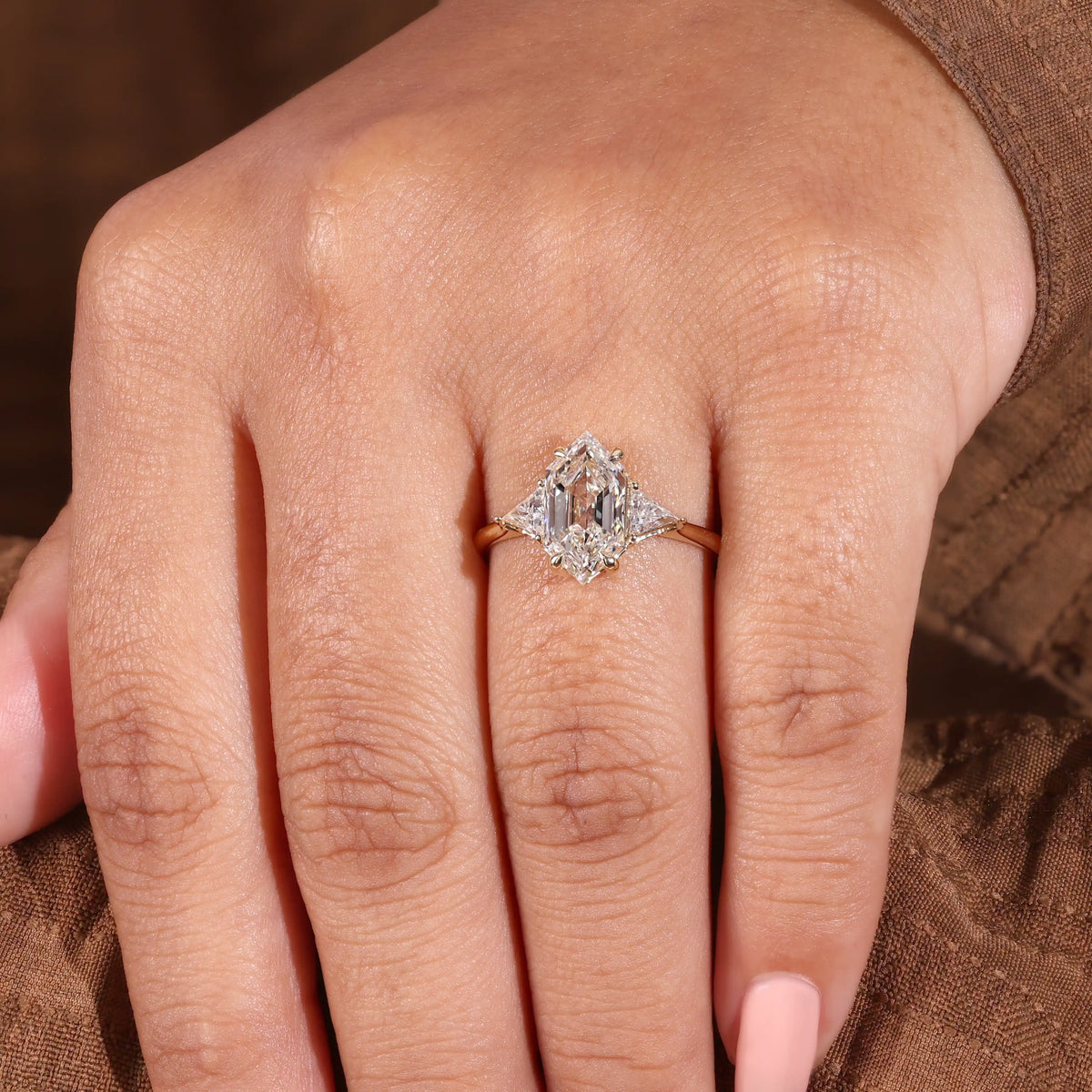 Elongated Hexagon Diamond Ring with Trillion Sides, Polished Ring