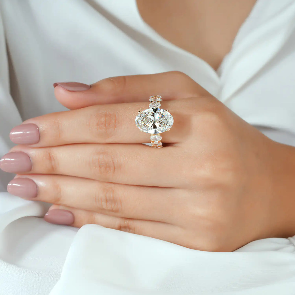 Oval Diamond Ring with Oval Halo Eternity Band