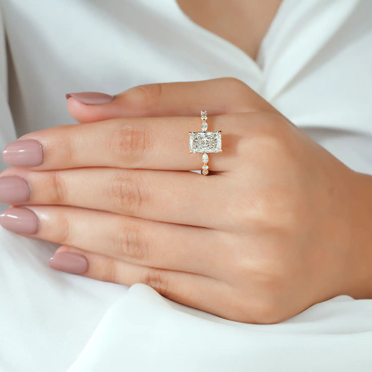 Radiant Lab Grown Diamond Hidden Halo, Marquise Round Diamond Ring