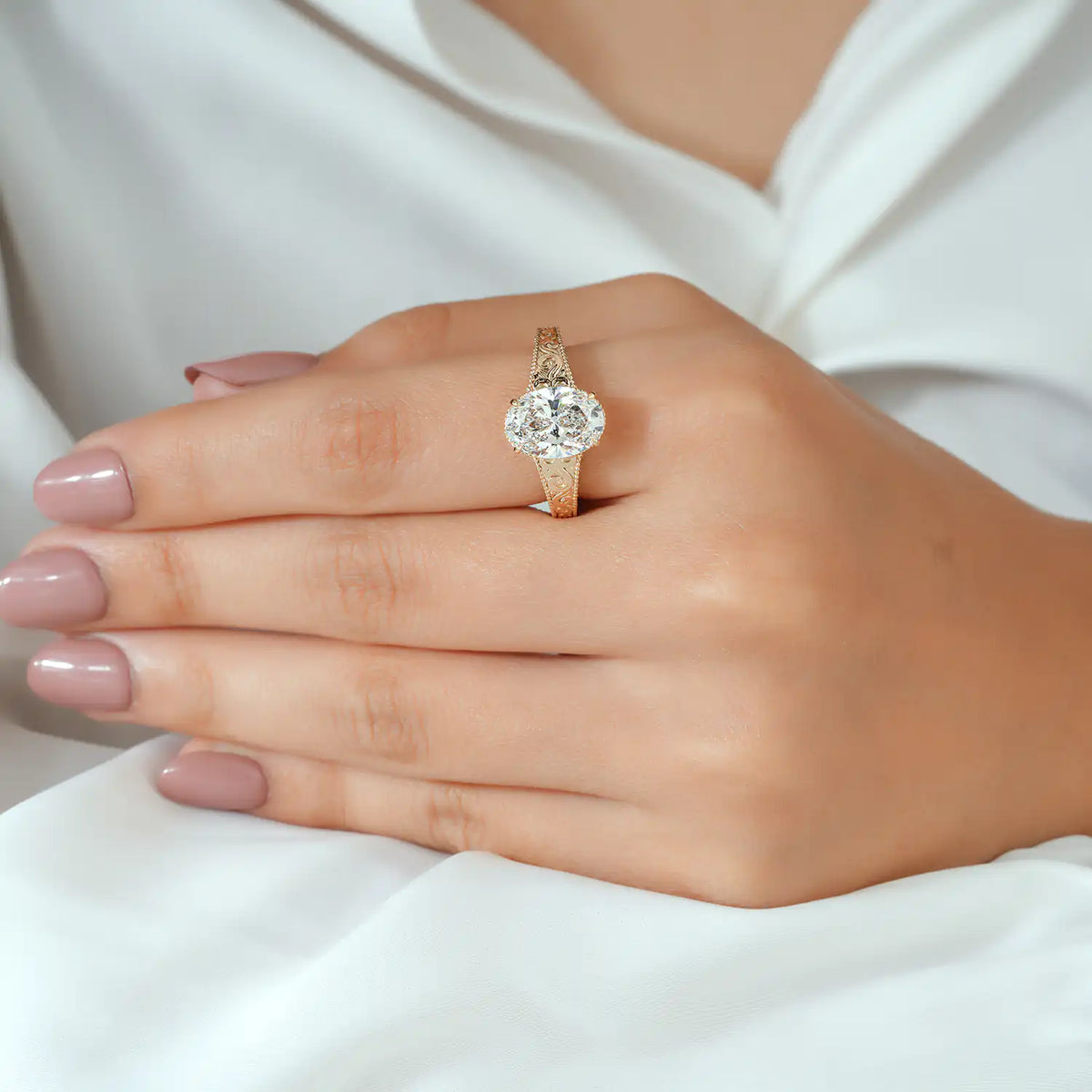 Vintage Scroll Engraved Oval Lab Grown Diamond Engagement Ring