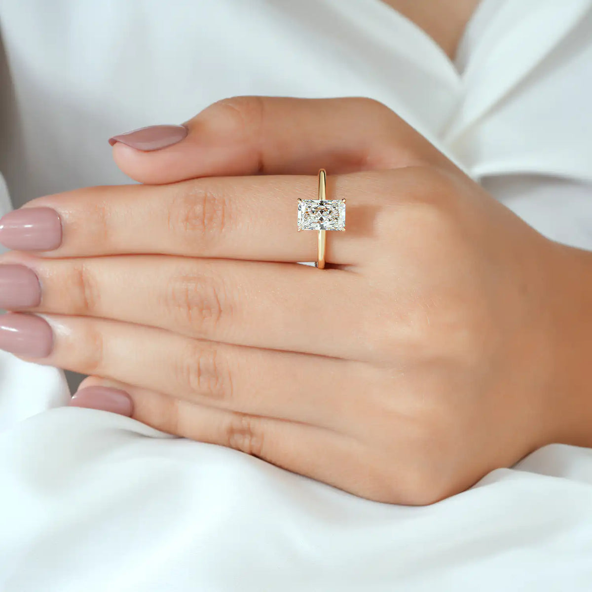 Radiant Lab Grown Diamond Hidden Halo Engagement Ring, Slim Ring