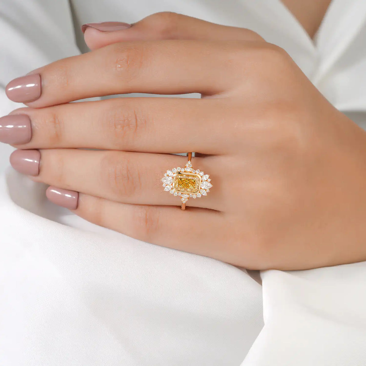 Yellow Radiant Lab Grown Diamond Engagement Ring, Marquise Pear Halo