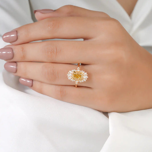 Yellow Radiant Lab Grown Diamond Engagement Ring, Marquise Pear Halo