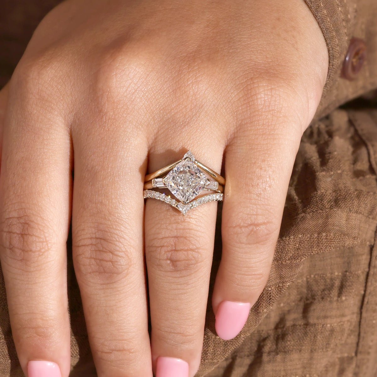 Three Piece Diamond Bridal Set with Kite Set Cushion Diamond