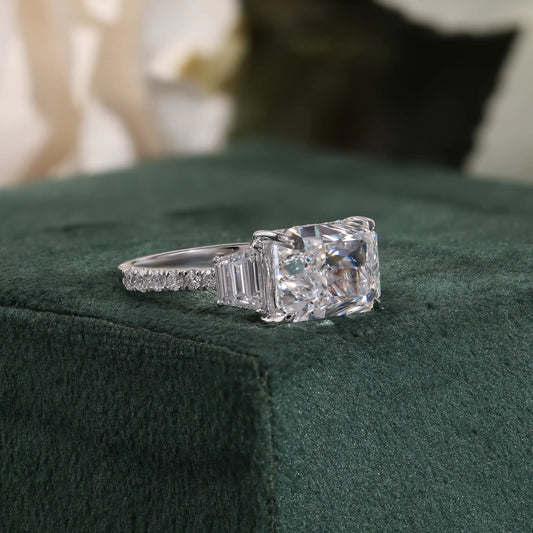 Radiant Cut Lab Grown Diamond Ring with Trapezoid Side Stones and Pave Shank