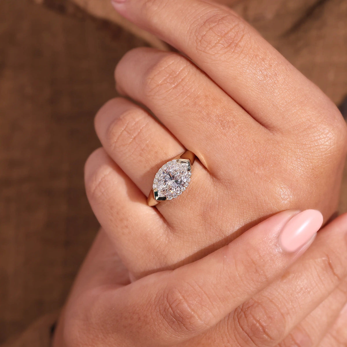 East-West Marquise Diamond Halo Ring, Bold Shank
