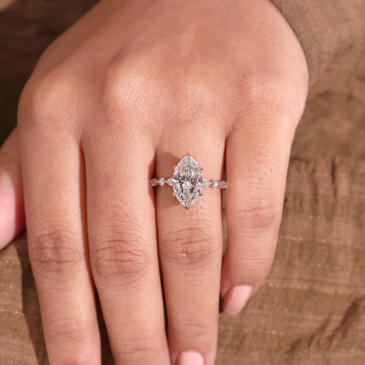 Marquise Diamond Ring with Hidden Halo and Scattered Diamond Ring