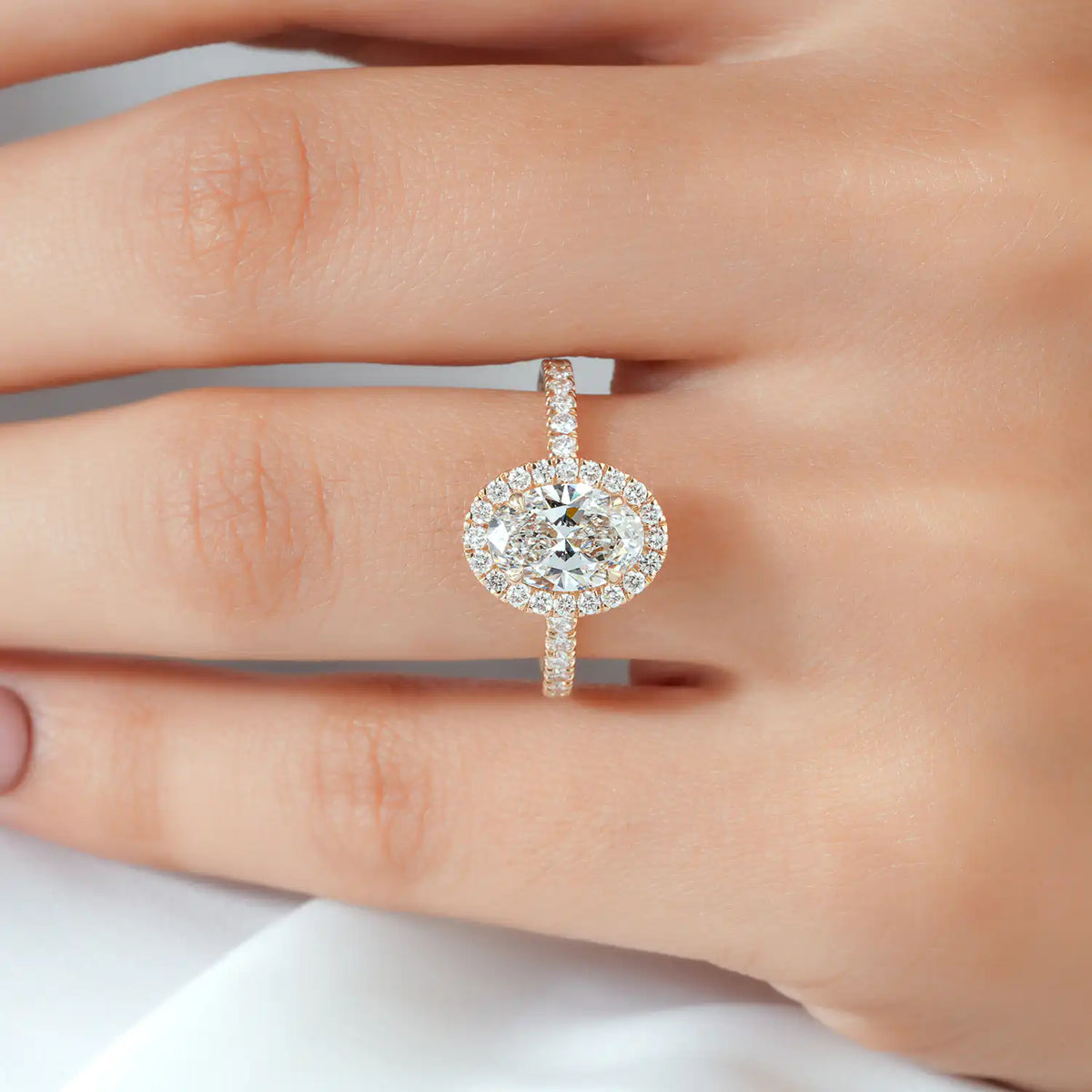 Oval Halo Diamond Engagement Ring with Pave Band