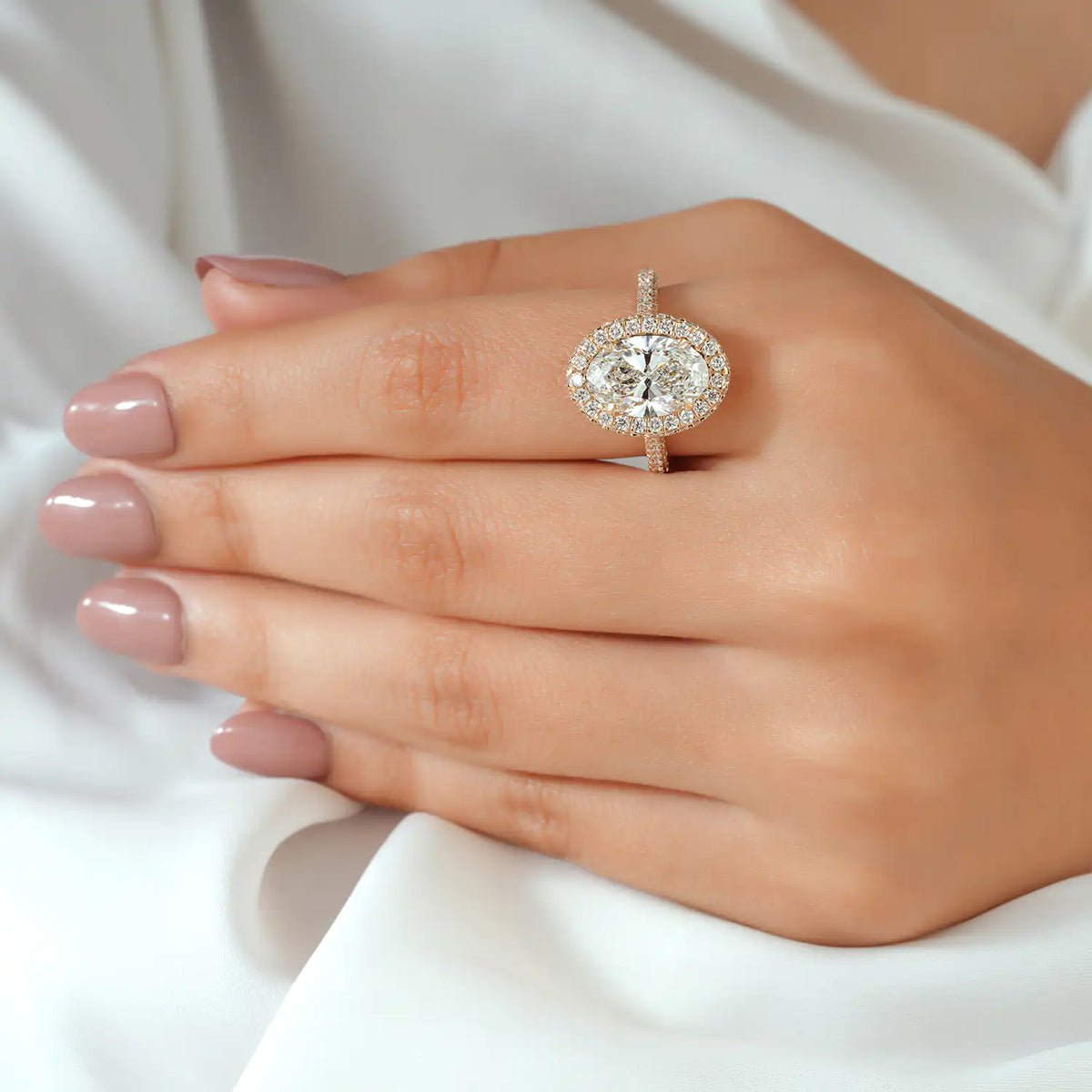 Oval Lab Grown Diamond Halo Engagement Ring, Pave Diamond Ring