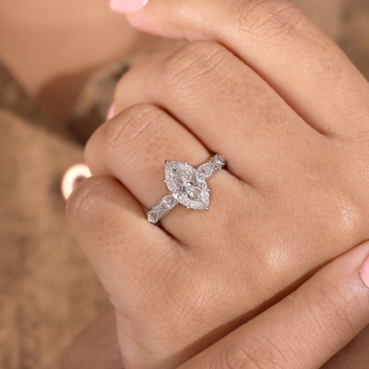 Marquise Lab Grown Diamond Ring, Vintage Milgrain Engraved Diamond Ring