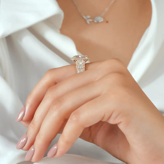 Radiant Cut Lab Grown Diamond Halo Engagement Ring with Wide Diamond Band