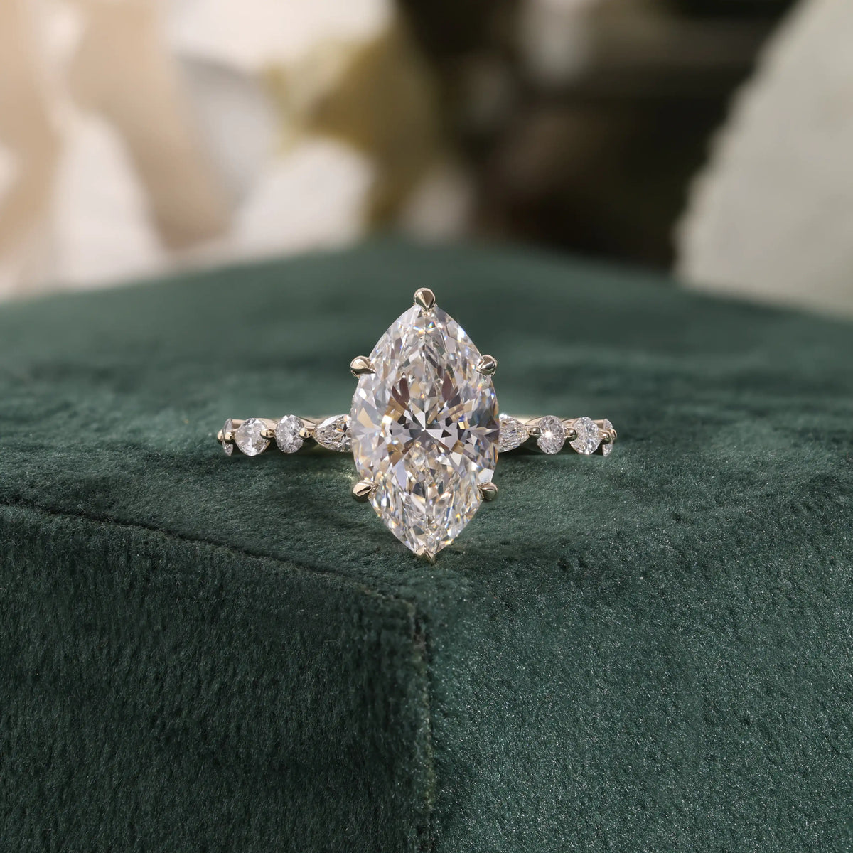 Marquise Diamond Ring with Hidden Halo and Scattered Diamond Ring