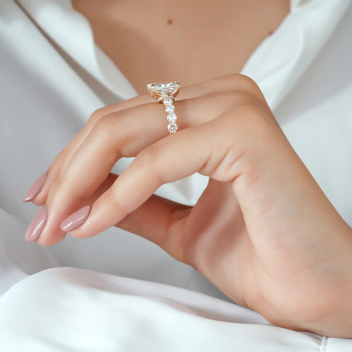 Radiant Cut Lab Grown Diamond Engagement Ring with Hidden Rose and Round Diamond Band